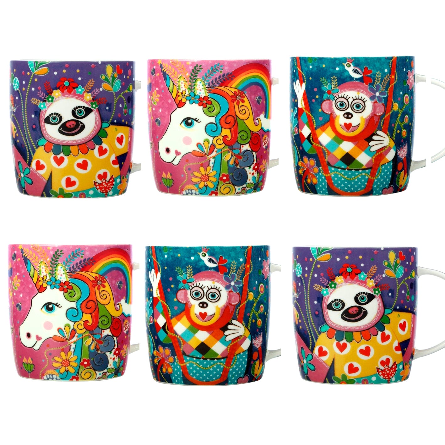 6 Rainbow Jungle Animal Mugs