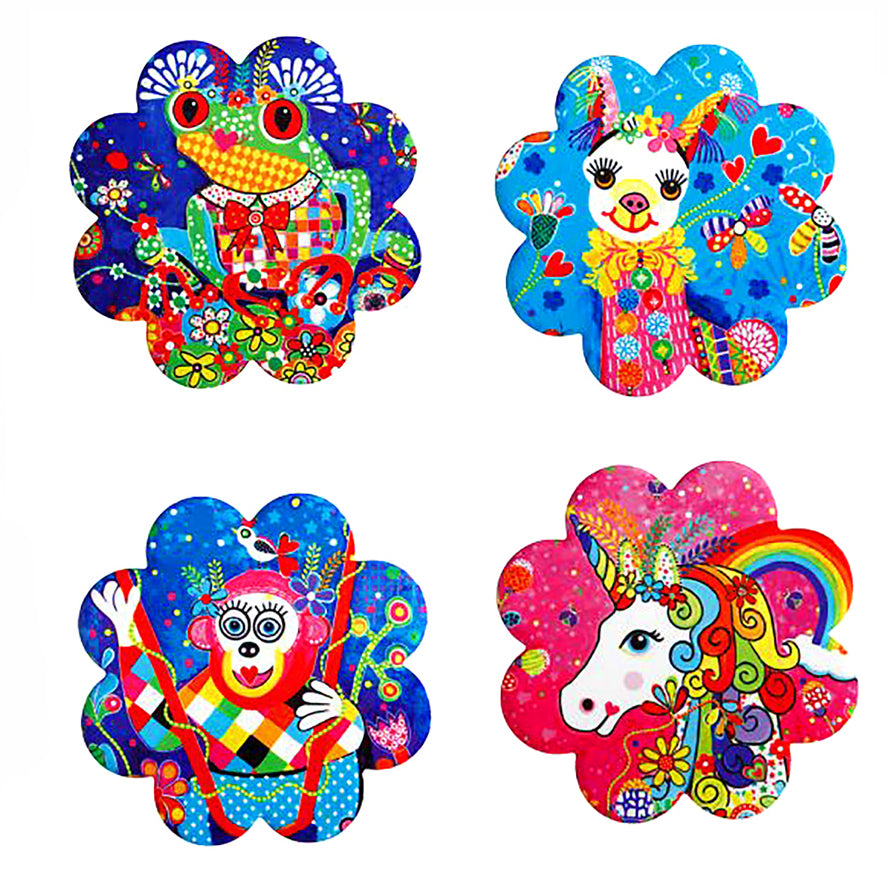 4 Rainbow Jungle Coasters with Unicorn