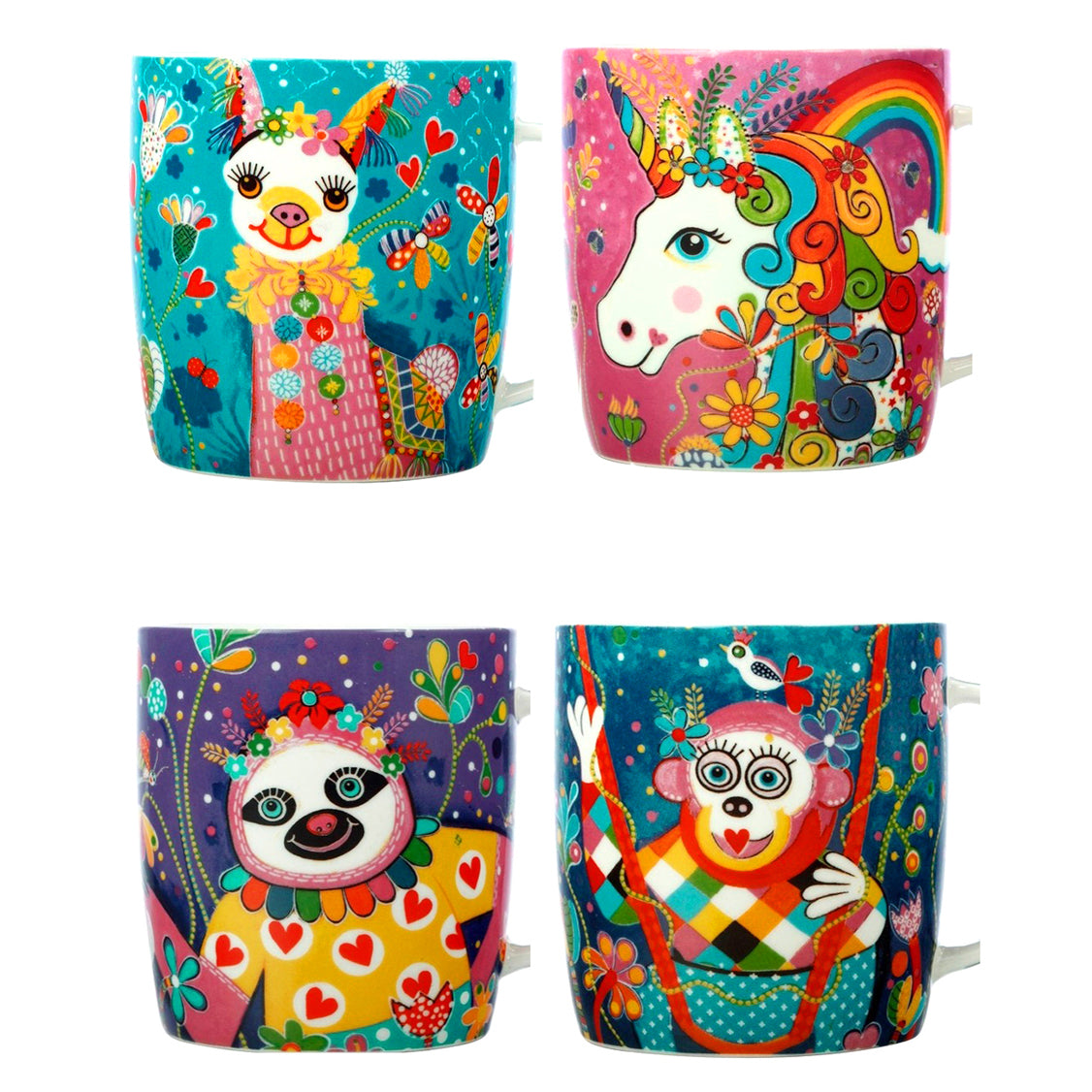 4 Rainbow Jungle Animal Mugs