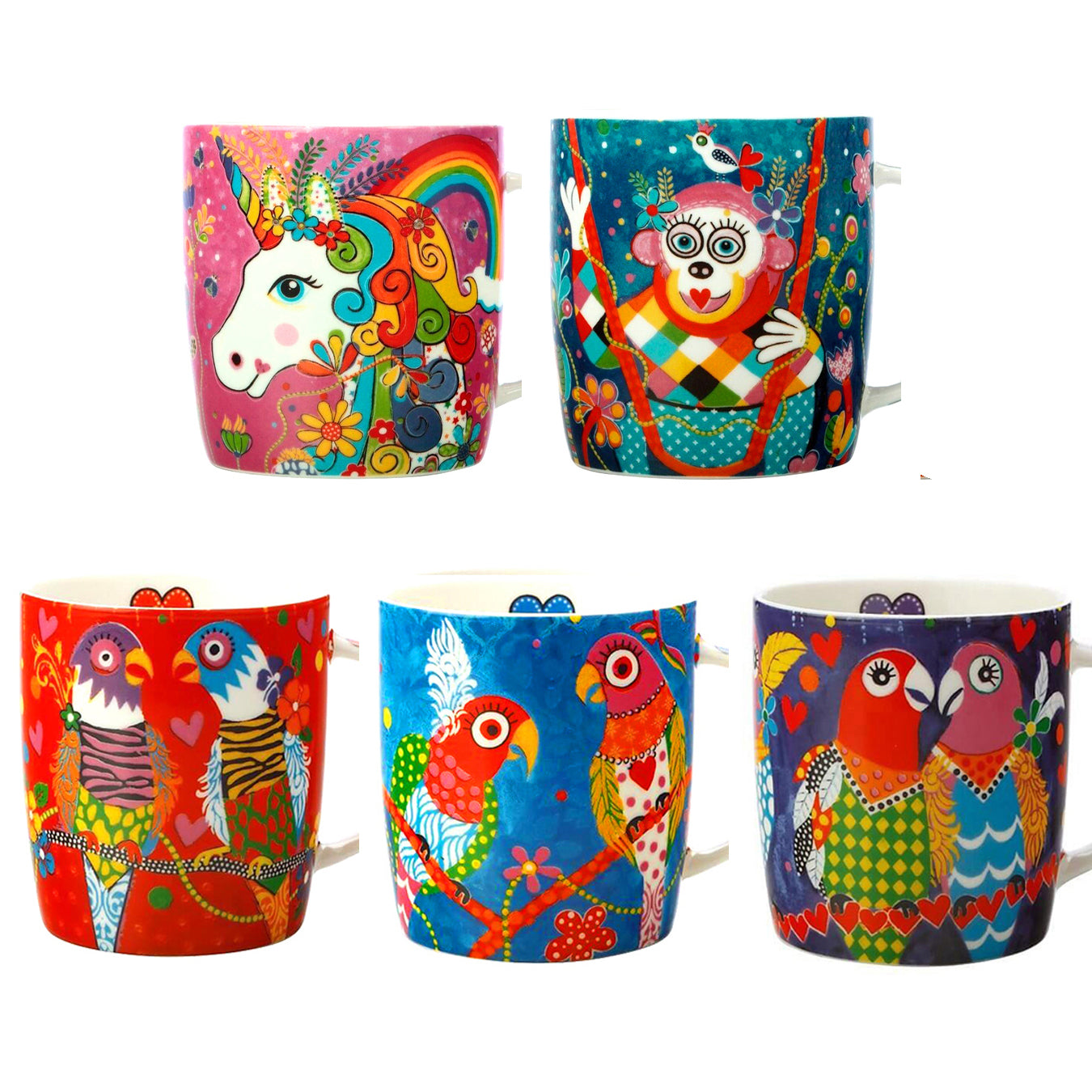 5 Rainbow Jungle Animal & Bird Mugs