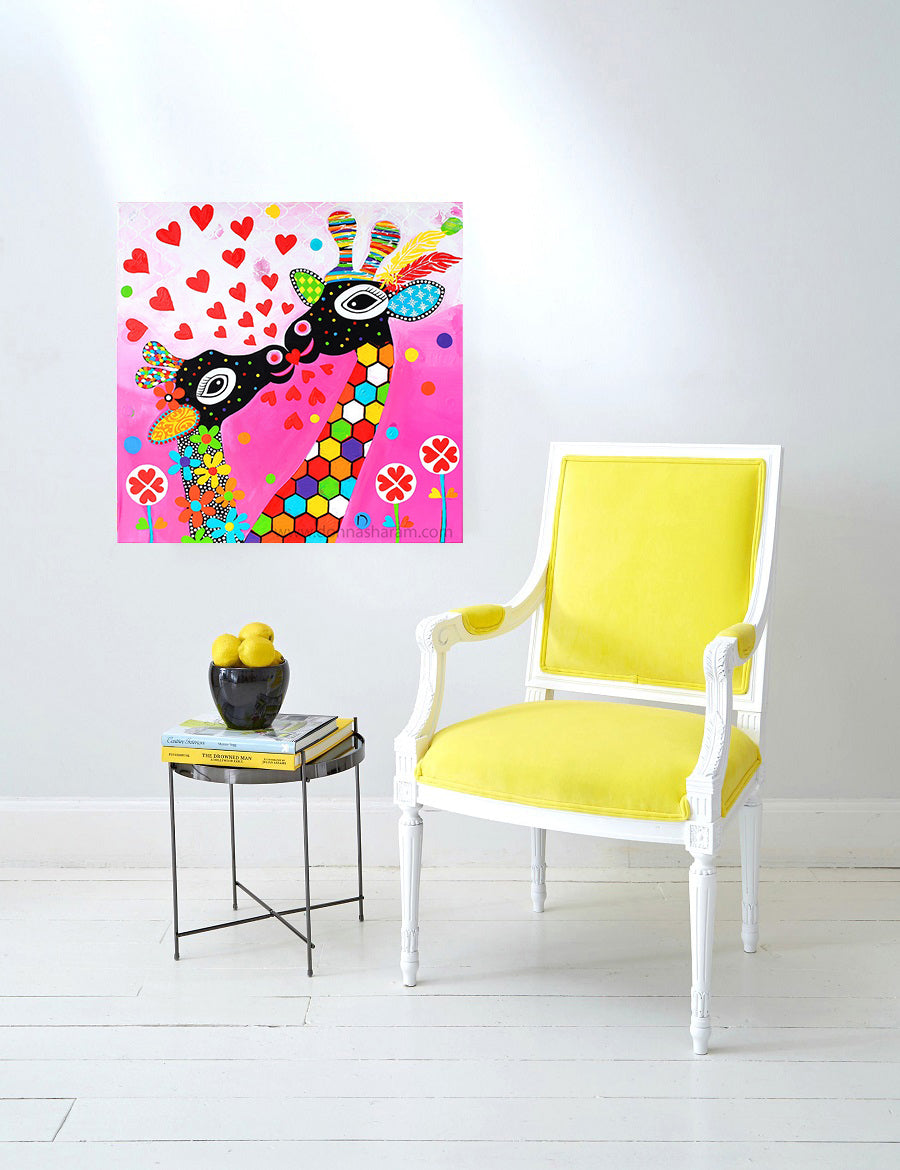 Canvas Wall Art  - Blowing Kisses - Giraffe